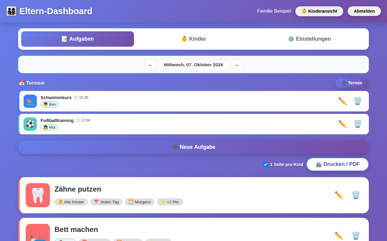 Eltern-Dashboard von Tagesfuchs: Termine und Aufgabenliste mit Icons, Kindern, Wochentagen, Kategorien und Punkten