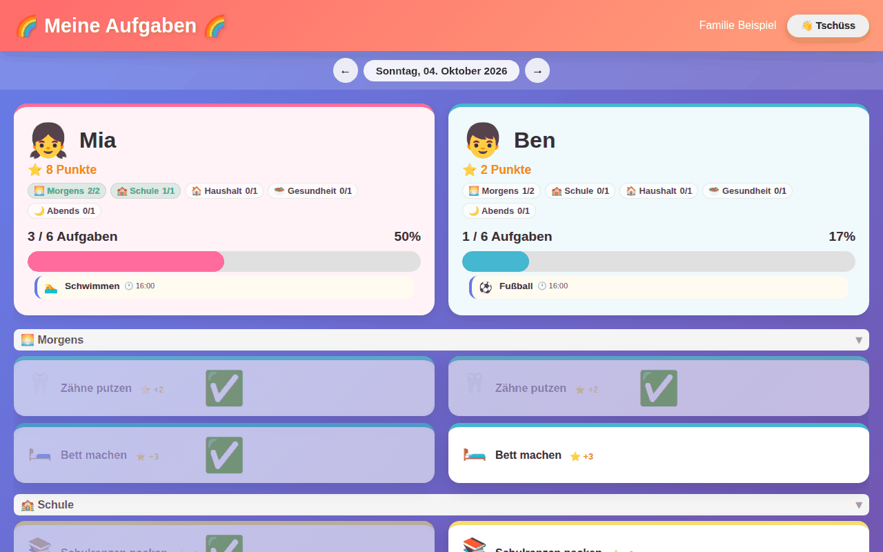 Kinder-Dashboard von Tagesfuchs auf dem Tablet: Zwei Kinder mit Fortschrittsbalken, Punkten und bunten Aufgabenkarten, erledigte Aufgaben sind abgehakt
